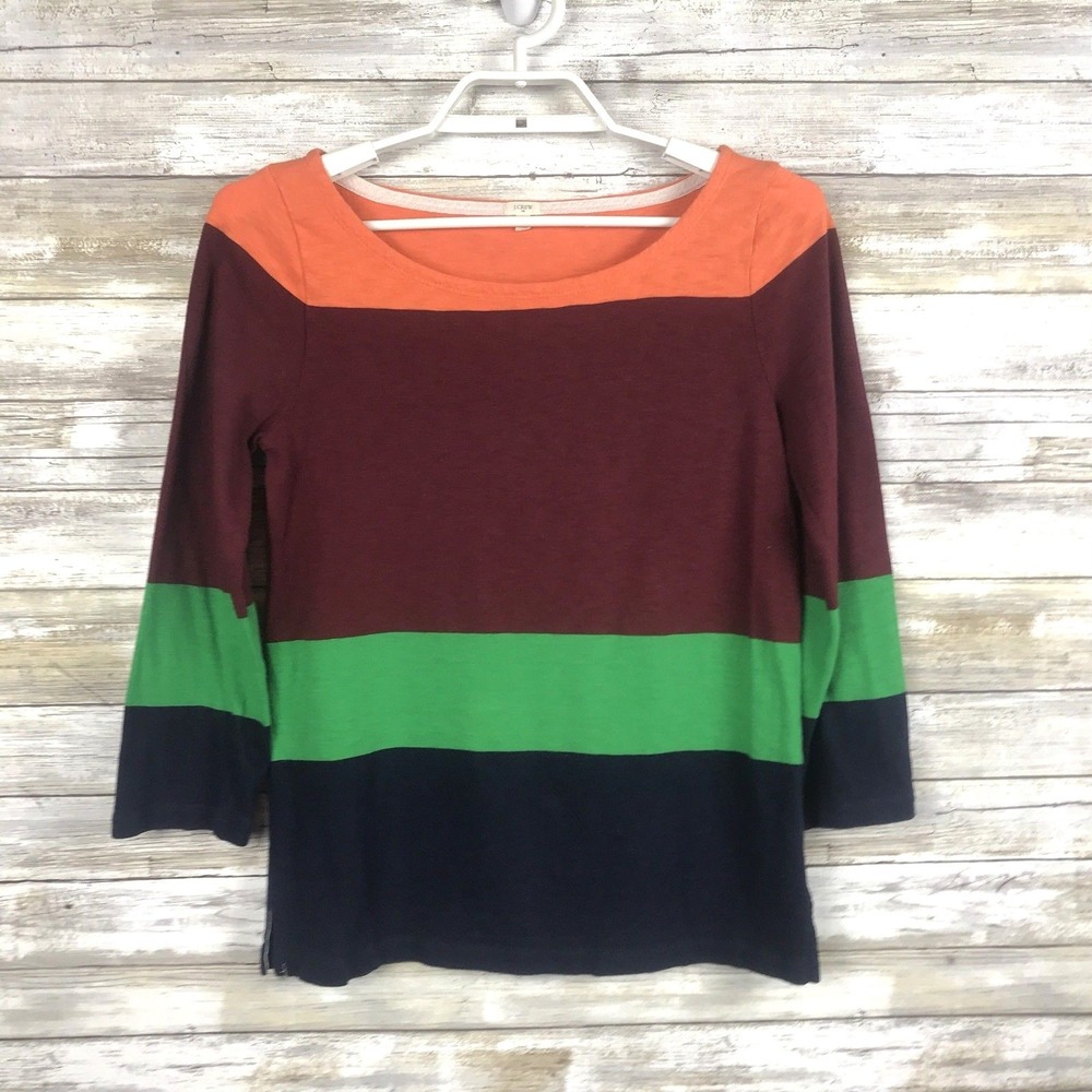 J Crew Womens Top Sz S 3/4 Sleeve Multicolor Color block Striped 100% Cotton